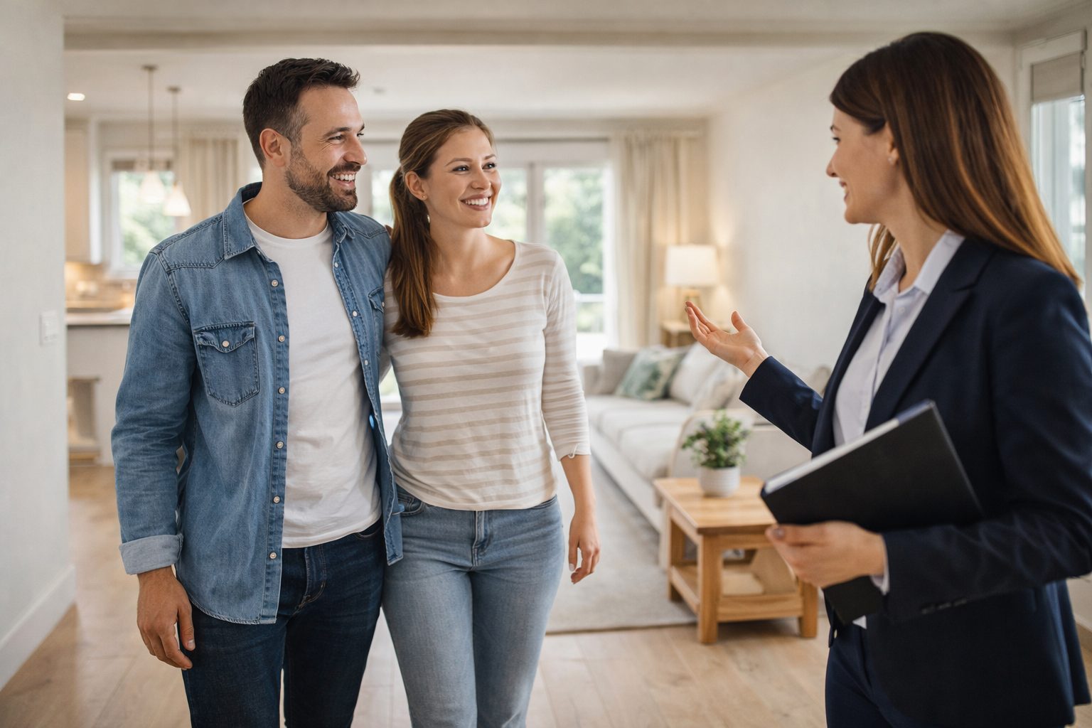 Buyers touring a home with a real estate agent during a house showing.