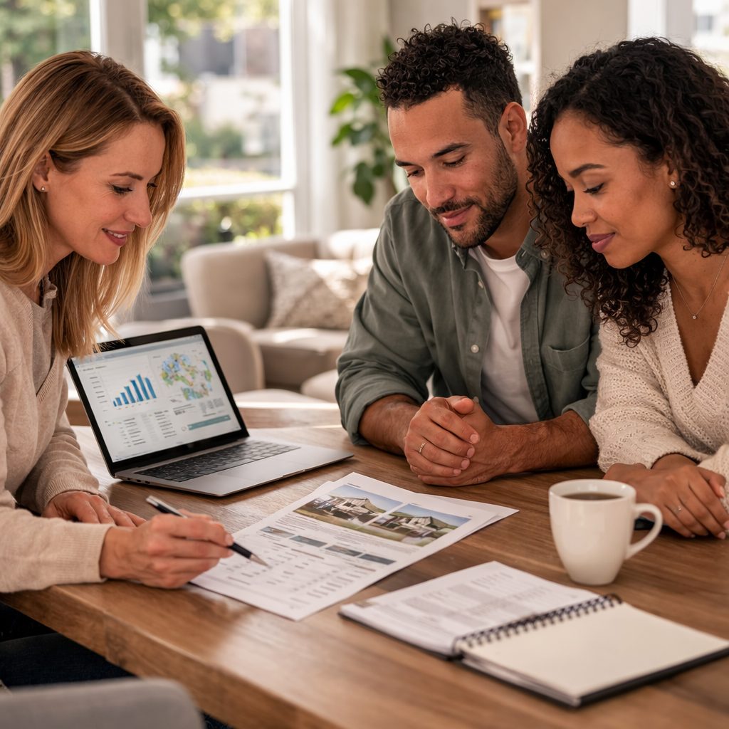 Real estate agent reviewing home pricing documents with a diverse couple at a table in a bright living room.